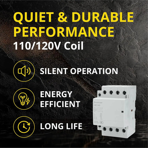 4 Pole AC Contactor With 120V Coil Normally Open, 60A IEC 400V Rating on dark background, highlighting silent operation and efficiency
