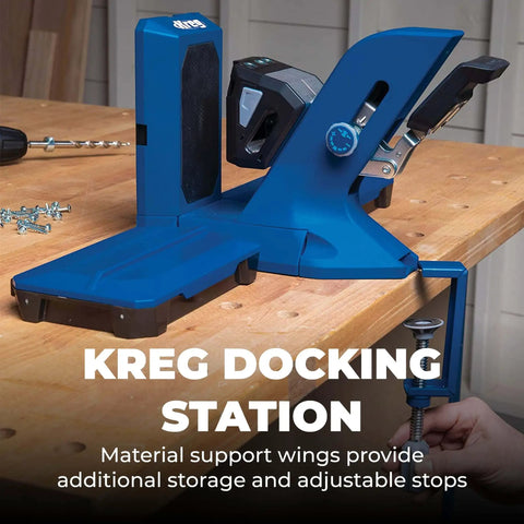 Pocket-Hole Jig 720PRO With Easy Clamping And Adjustable Setup on workbench, blue tool, clamped, drill guide visible