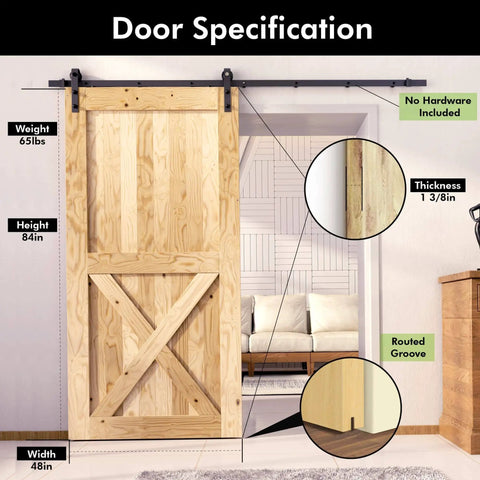 Five In One Design Solid Natural Pine Barn Door Kit For Interior Use, Forty Eight Inch Wide And Eighty Four Inch High, Unfinished