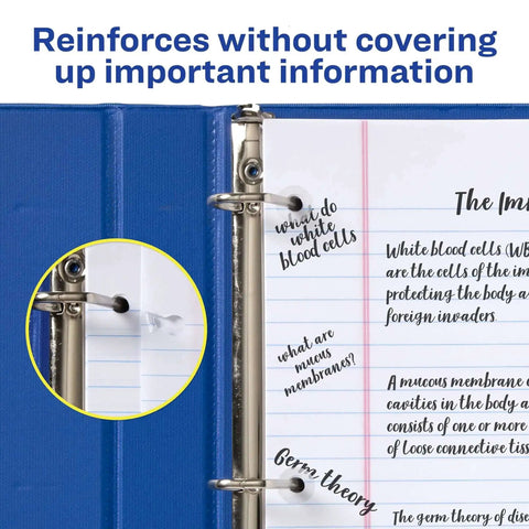 Close-up of clear hole reinforcement labels for 3-hole punched pages in a blue binder, preventing tear and extending page life.