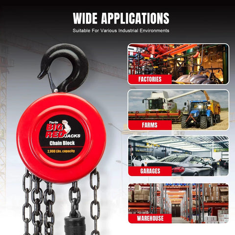 Wide applications of 1 Ton Hand Chain Hoist With 8ft Lift, Two Heavy Duty Hooks for factories, farms, garages, and warehouses.