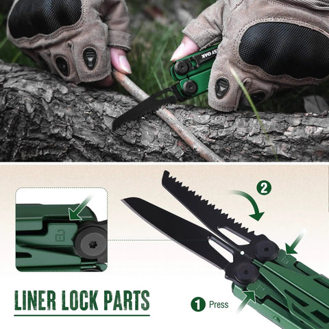 Hands using CNC Machined Multitool Pliers 27 In 1 EDC Tool with knife to cut a branch, showcasing liner lock mechanism.