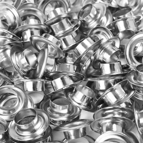 Close-up of Grommets Kit 1000 Pcs 3/8 Inch Washers and Eyelets for Banners and Posters in silver metal.