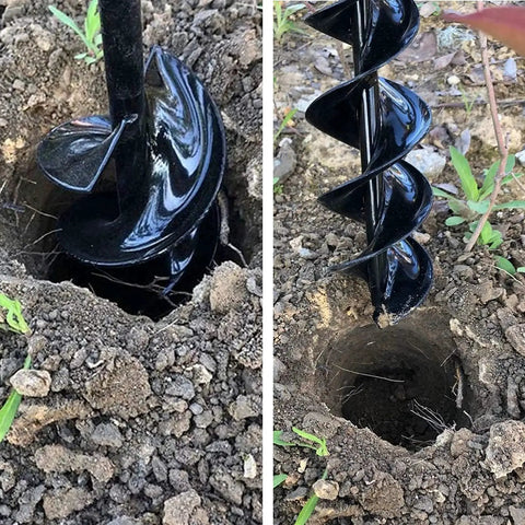 Planting Garden Auger Drill Bit Set 2 Pack Solid Core Shaft Spiral Hole Digger For Three Eighths Inch Hex Drive Drills demonstrating use in soil