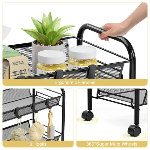 Three Tier Metal Rolling Cart With Mesh Wire Shelving And Wheels, ergonomic handles, hooks, and quiet wheels for home organization