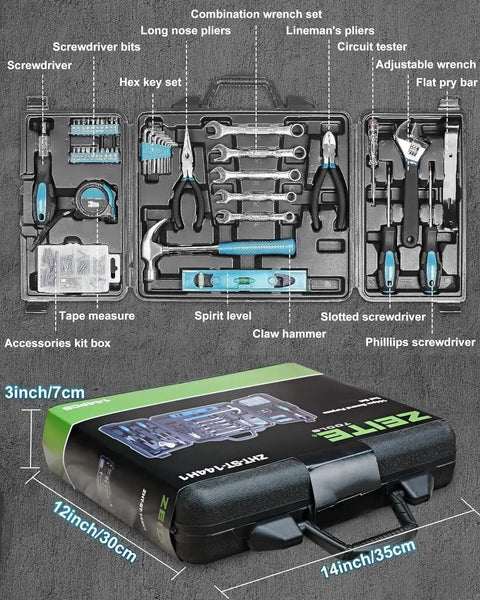 Open case of Home Repair Tool Kit 144 Piece Set With Hammer Pliers Wrenches Voltage Tester Tape Measure And Screwdriver Bits