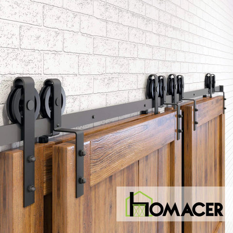 Black Rustic Single Track Bypass Sliding Barn Door Hardware Kit for Four Doors 10 Foot Flat Track with Spoke Wheel Rollers