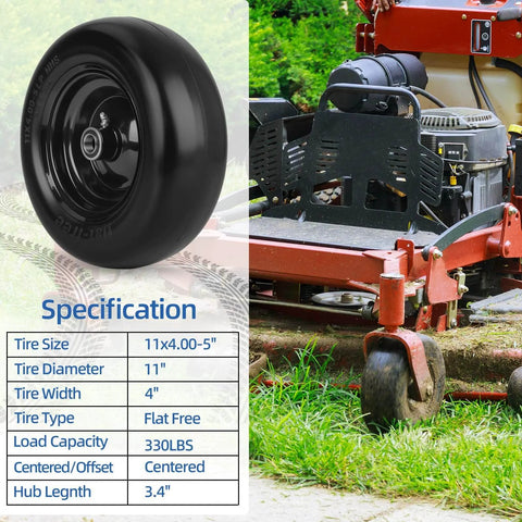 11x4.00-5 Flat Free Lawn Mower Tire And Wheel With Bearing Bore 3/4 Inch Or 5/8 Inch, Centered Hub Length From 3.4 To 5 Inches, shown next to a zero turn mower.