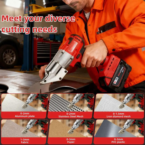 Cordless Metal Cutter With Rotating Head used by worker; cutting various materials like PVC, stainless steel, and aluminum.