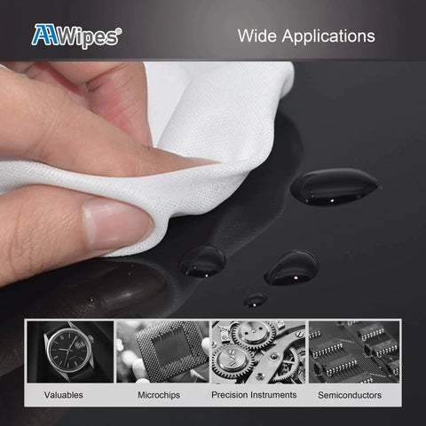 Cleaning surface with Ultra Soft Cleanroom Cloth Wipes 6x6 Inch 150 Count Polyester Microfiber, droplets on surface