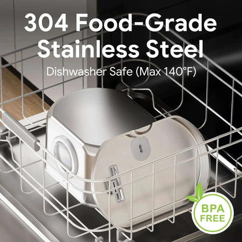 Stainless Steel Cat Water Fountain With 73oz Capacity Easy View Water Level Window in dishwasher, BPA free label visible.