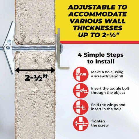 Diagram showing spring toggle bolt anchors in action for 2-1/2 inch walls with installation steps visible.