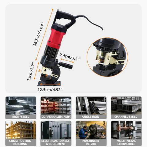 Beast 1400W Electric Hydraulic Hole Puncher with dimensions, used for punching steel, iron, aluminum, and copper plates.