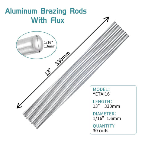 30 Aluminum Welding Rods No Flux One Sixteenth Inch Diameter 13 Inch Length, side view showing dimensions and specifications.