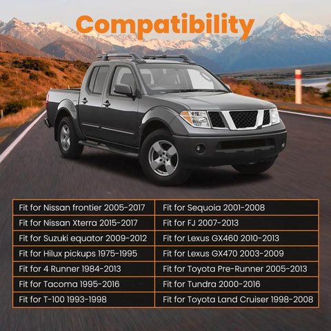 Compatibility chart for Rear Axle Bearing Puller Tool with image of a pickup truck on a road, mountains in background.