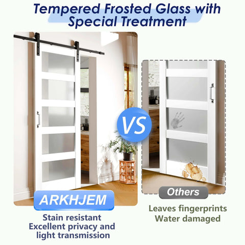 Two sliding barn doors comparison: left door ARKHJEM five-panel frosted glass, stain resistant; right door frosted glass with fingerprints.