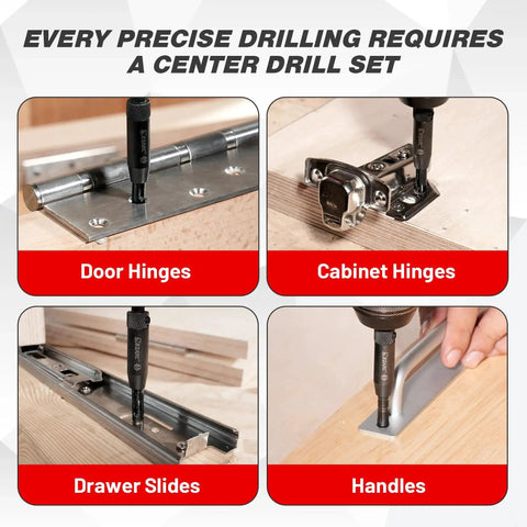 Self Centering Drill Bit Set 14 Piece for Cabinet Hinges and Woodworking with replacement bits in use on door and cabinet hinges, drawer slides, and handles.