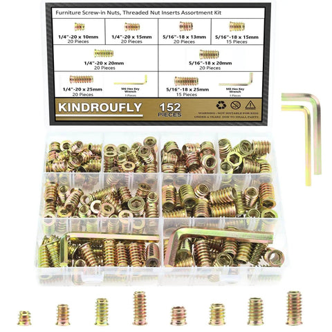 152 Piece Threaded Inserts Set For Wood, 1/4-20 And 5/16-18 Steel Nut Inserts in clear storage box, DIY repair kit
