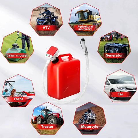 Automatic Fuel Transfer Pump With Auto Stop And 51 Inch Hose For Gas Oil Diesel next to red fuel container and usage examples