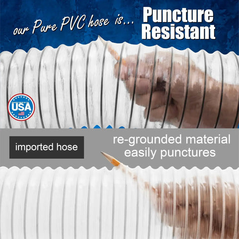 Comparison of puncture-resistant USA 4 Inch By 20 Foot PVC Dust Collection Hose for Woodworking and imported hose