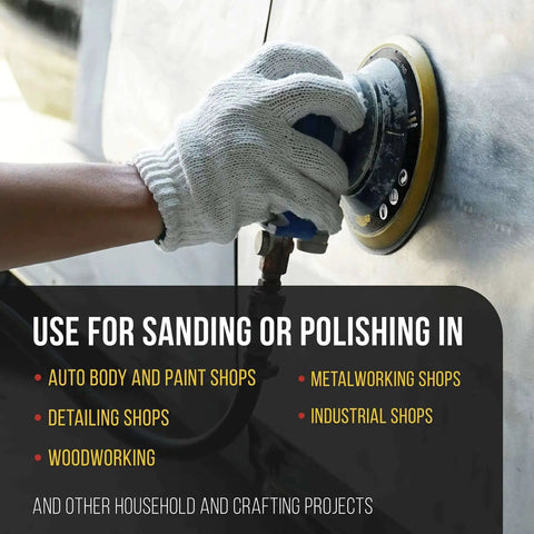 Person using 5 Inch Hook And Loop Dual Action DA Backing Plate Pad With 8 Hole Dustless Pattern Low Profile Edge Medium Density Foam For Random Orbital Sander And Polisher on metal surface
