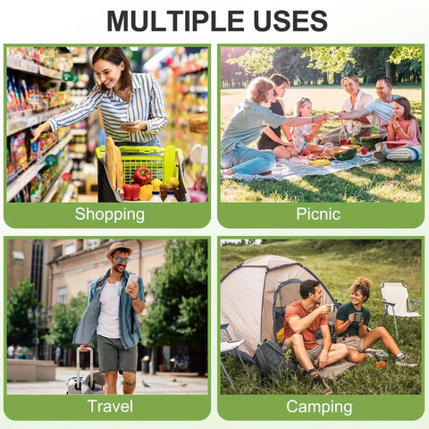 Collage showing multiple uses of folding shopping bag with wheels: shopping, picnic, travel, camping; ideal for groceries, travel, errands.