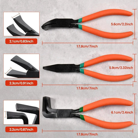 Three Piece 7 Inch Metal Hand Seamer Set With Straight Jaw, 45 Degree Jaw, And 90 Degree Jaw For Bending And Flattening Sheet Metal Carbon Steel Heat Treated With Ergonomic Handles Edge Seamer Pliers By SPEEDWOX shown with measurements