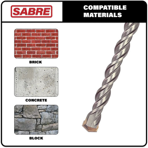 Heavy Duty SDS Plus Rotary Hammer Drill Bit For Brick, Stone And Concrete 1/2 Inch By 18 Inch Carbide Tipped For Fast, Clean Holes And Long Life, Compatible With All SDS Plus Drills Sabre Tools, shown with brick, concrete, and block materials.