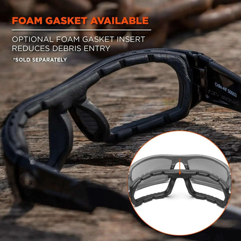 Rear view of Skullerz Odin Safety Glasses Black Frame Clear Lenses Built For Real Tough Jobs High Impact Eyewear showing foam gasket option