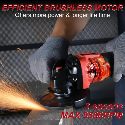 Person using cordless 4.5 inch angle grinder with 21V brushless motor, sparks flying, heavy duty tool for metal cutting and polishing.