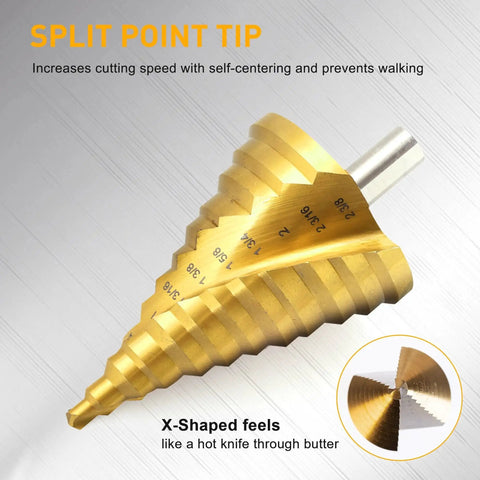 12 Step Spiral Groove Drill Bit Set In High Speed Steel From One Quarter Inch To Two And Three Eighths Inch With Quick Change One Half Inch Shank