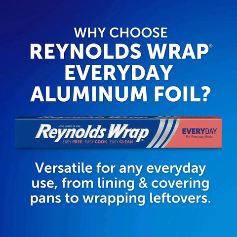 Reynolds Wrap Everyday Aluminum Foil with text highlighting versatile use and easy prep, cook, and clean benefits, 75 square feet.
