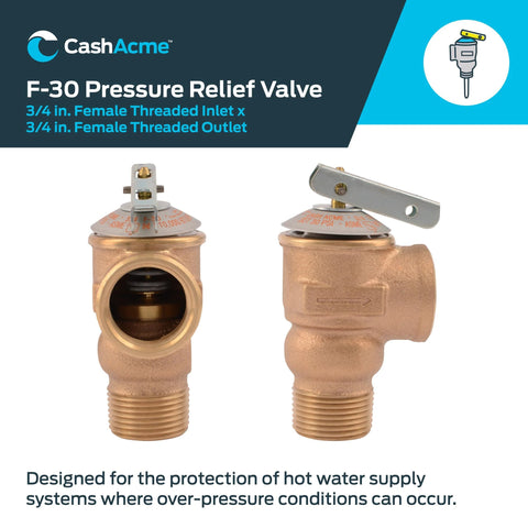 Front and side views of CashAcme 3/4 in F-30 brass safety relief valve