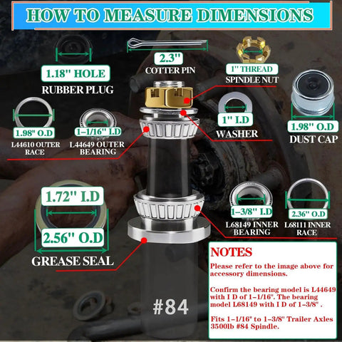 Heavy Duty Boat Trailer Bearing Kit Set For 3500 Lb Axles One And Three Eighths To One And One Sixteenth Inch EZ Lube Spindle Includes OZISENS Bearing Kit Races Seals Dust Caps Cotter Pins Axle Nuts Washers diagram