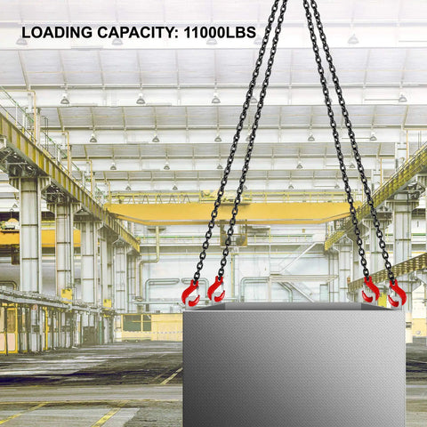 Front view of four-leg chain sling with red grab hooks lifting a steel block in an industrial warehouse