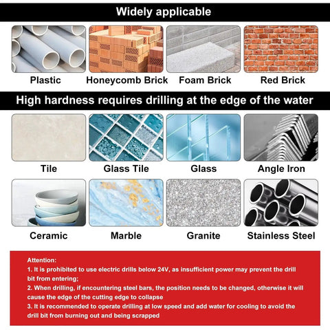Tiles showing materials drilled by Twenty Piece One Quarter Inch Tile Drill Bit Set With Six Millimeter Masonry Bits Alloy Oxy Nitrided.