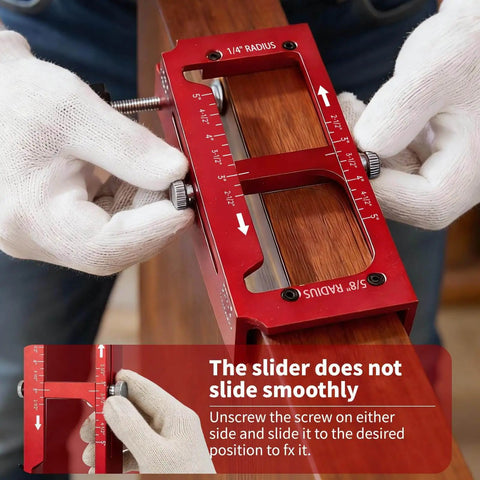 Adjustable Door Hinge Jig Kit With Pro Grade Aluminum Alloy Router Template for 1/4 and 5/8 inch radius, close-up on application