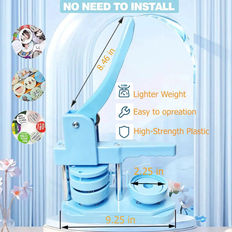 Front view of light-blue DCBADGE 58mm button maker with lever and circle cutter kit, no install needed