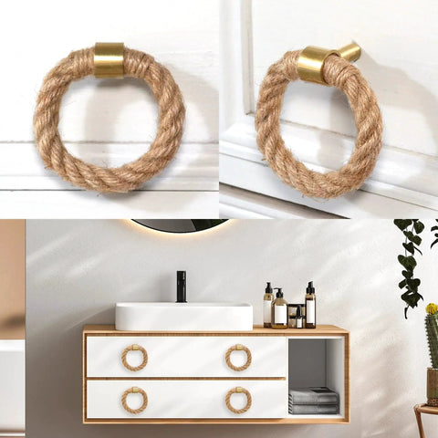 Close-up and installed view of Nautical Twisted Jute Rope Drawer Pulls With Brushed Brass Knobs Set Of 6 for dresser, cabinets, and wardrobes.