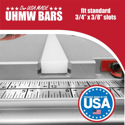 Close-up of 36 Inch Table Saw Miter Bar With Premium UHMW Strips 3/4 By 3/8 Inch for sled kits on a saw table.