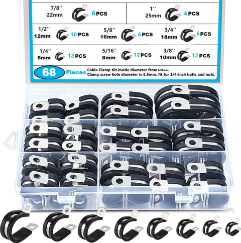 Cable clamp kit by Amazon, 68 pcs, 304 stainless steel cushion clamps in an open storage case (front view)