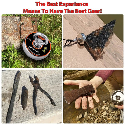 Neodymium Fishing Magnets Kit With 500 Lb Pull For River Magnet Fishing shown with finds like nails and metal objects