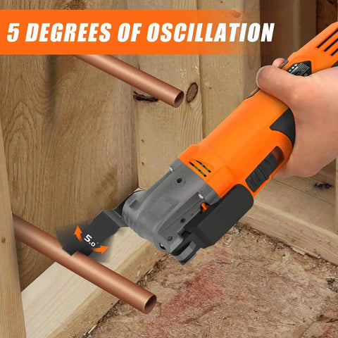 Beast Oscillating Multitool Kit 4.2 Amp cutting wood with 5 degree oscillation and auxiliary handle in construction setting.