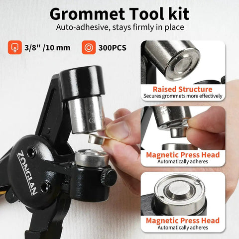 Three Eighths Inch Handheld Eyelet Kit With Pliers showing magnetic press head and raised structure for DIY tarp projects.