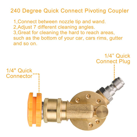 FIXFANS brass pressure washer pivoting coupler with orange 1/4in quick-connect plug for gutter cleaning attachment