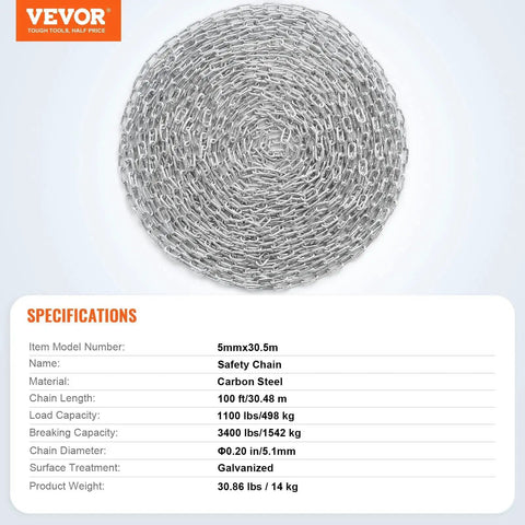 Coiled Grade 30 Chain Three Sixteenth Inch 100 Ft Zinc Plated for Towing Guard Rails with specifications card