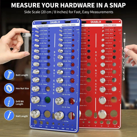 Person using 68 Nut and Bolt Thread Checker Kit With 26 Standard and 26 Metric Bolt Gauges and 16 Drill Bit Gauges, wall mountable.