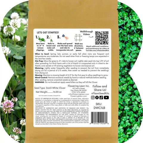 Package of White Dutch Clover Seed Kit 1 Lb Organic Coated Ground Cover For Natural Lawn And Food Plot with instructions