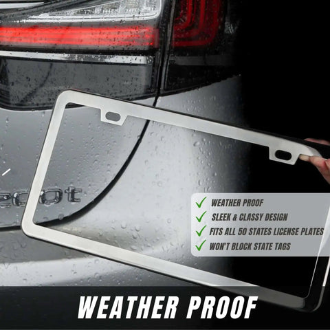 Stainless Steel License Plate Frame Set With Chrome Screw Caps Slim 2 Hole Design Rustproof Mirror Silver Finish next to car