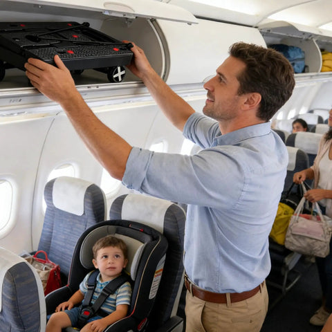 Man placing Car Seat Dolly For Airport Travel Cart with foldable luggage trolley in overhead bin, toddler seated in car seat on airplane.